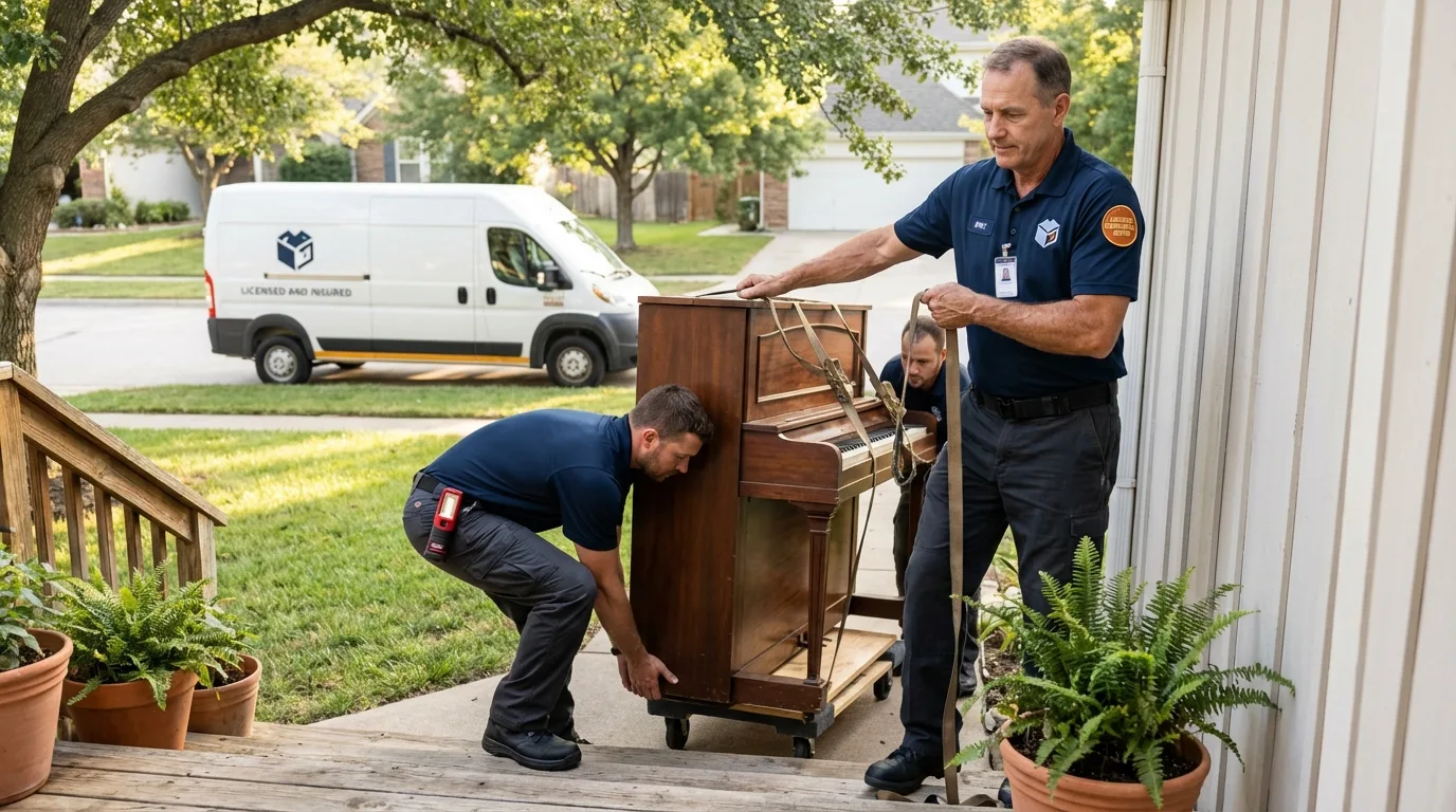 Licensed piano movers securing grand piano in Electric City, WA