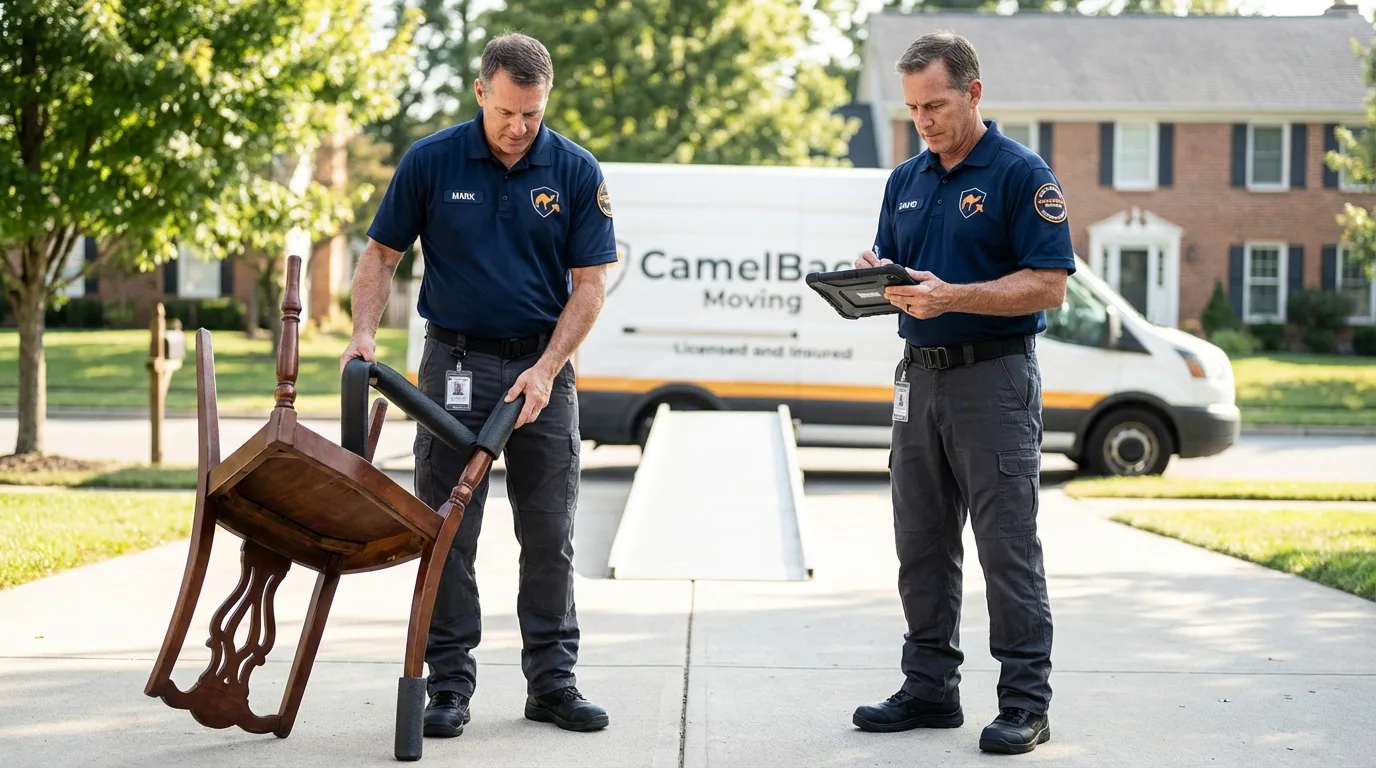 Movers inspecting furniture for damage prevention before loading in Electric City, WA