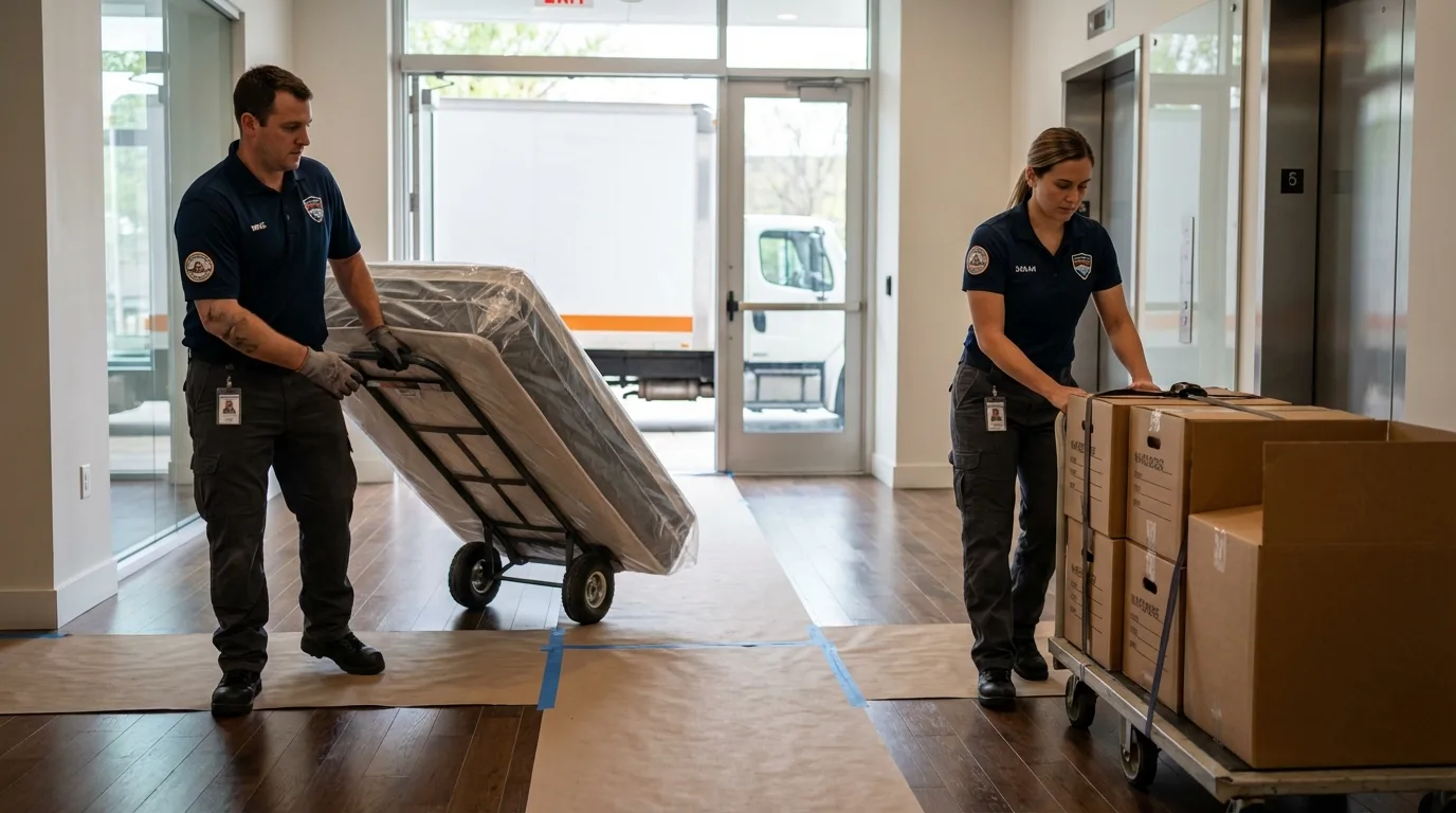 Professional apartment movers loading elevator in Electric City, WA