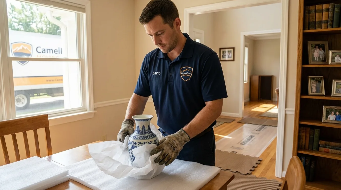 Professional crew carefully wrapping antique vase for senior downsizing move in Electric City, WA